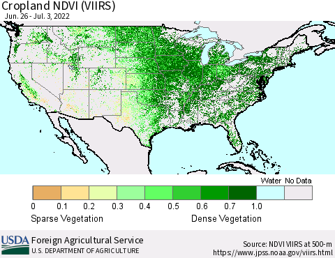 United States Cropland NDVI (VIIRS) Thematic Map For 7/1/2022 - 7/10/2022