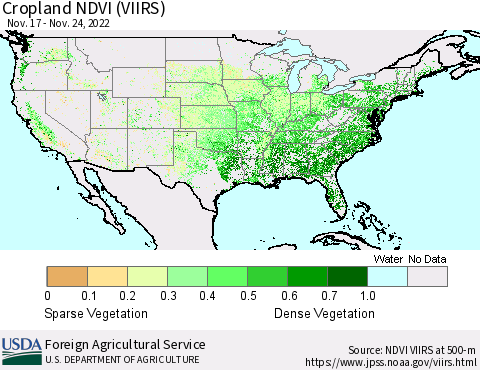 United States Cropland NDVI (VIIRS) Thematic Map For 11/21/2022 - 11/30/2022
