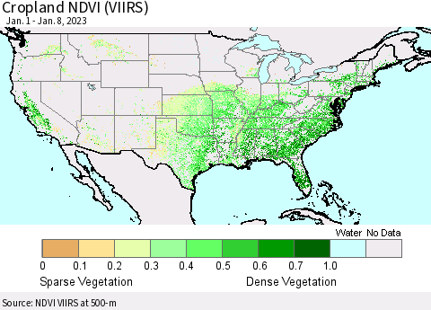 United States Cropland NDVI (VIIRS) Thematic Map For 1/1/2023 - 1/8/2023