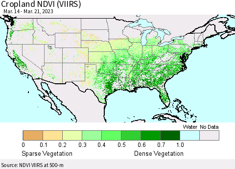 United States Cropland NDVI (VIIRS) Thematic Map For 3/14/2023 - 3/21/2023