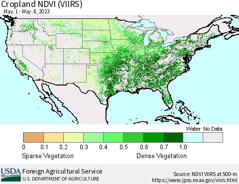 United States Cropland NDVI (VIIRS) Thematic Map For 5/1/2023 - 5/10/2023