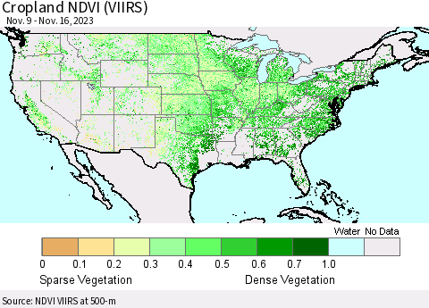 United States Cropland NDVI (VIIRS) Thematic Map For 11/9/2023 - 11/16/2023
