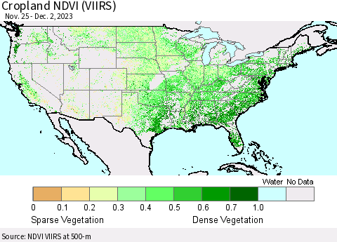 United States Cropland NDVI (VIIRS) Thematic Map For 11/25/2023 - 12/2/2023