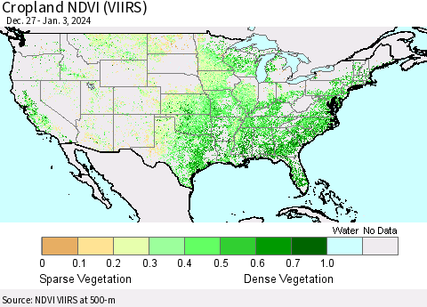 United States Cropland NDVI (VIIRS) Thematic Map For 12/27/2023 - 1/3/2024