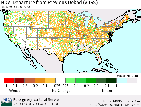 United States NDVI Departure from Previous Dekad (VIIRS) Thematic Map For 10/1/2020 - 10/10/2020