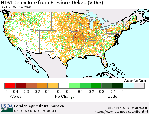 United States NDVI Departure from Previous Dekad (VIIRS) Thematic Map For 10/11/2020 - 10/20/2020