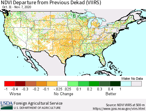 United States NDVI Departure from Previous Dekad (VIIRS) Thematic Map For 11/1/2020 - 11/10/2020