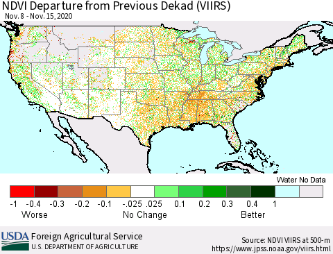 United States NDVI Departure from Previous Dekad (VIIRS) Thematic Map For 11/11/2020 - 11/20/2020