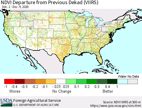 United States NDVI Departure from Previous Dekad (VIIRS) Thematic Map For 12/1/2020 - 12/10/2020