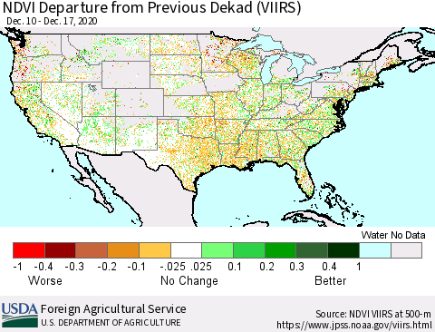 United States NDVI Departure from Previous Dekad (VIIRS) Thematic Map For 12/11/2020 - 12/20/2020