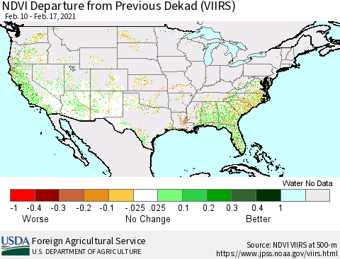 United States NDVI Departure from Previous Dekad (VIIRS) Thematic Map For 2/11/2021 - 2/20/2021