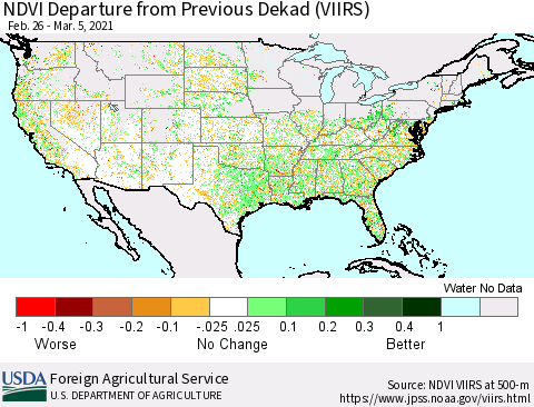 United States NDVI Departure from Previous Dekad (VIIRS) Thematic Map For 3/1/2021 - 3/10/2021