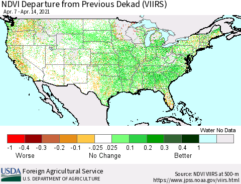 United States NDVI Departure from Previous Dekad (VIIRS) Thematic Map For 4/11/2021 - 4/20/2021