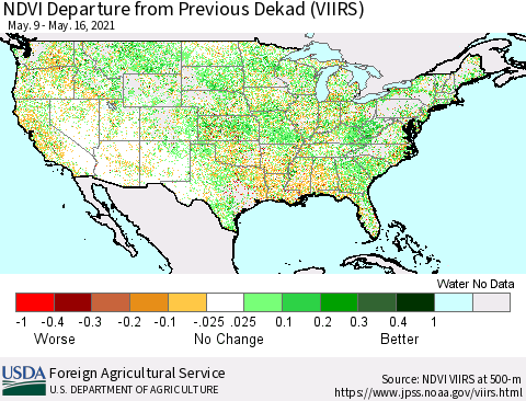 United States NDVI Departure from Previous Dekad (VIIRS) Thematic Map For 5/11/2021 - 5/20/2021