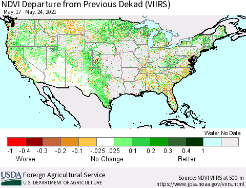 United States NDVI Departure from Previous Dekad (VIIRS) Thematic Map For 5/21/2021 - 5/31/2021