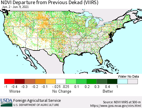 United States NDVI Departure from Previous Dekad (VIIRS) Thematic Map For 6/1/2021 - 6/10/2021