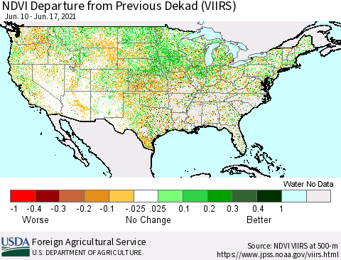 United States NDVI Departure from Previous Dekad (VIIRS) Thematic Map For 6/11/2021 - 6/20/2021