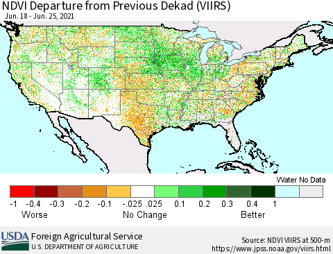 United States NDVI Departure from Previous Dekad (VIIRS) Thematic Map For 6/21/2021 - 6/30/2021