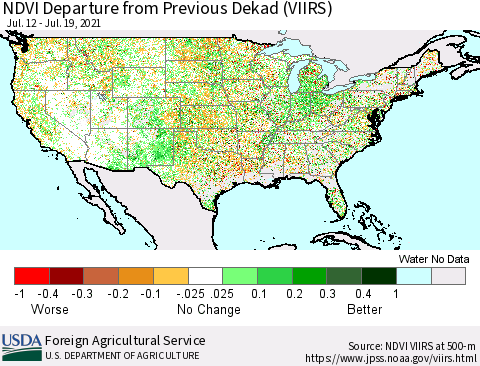 United States NDVI Departure from Previous Dekad (VIIRS) Thematic Map For 7/11/2021 - 7/20/2021
