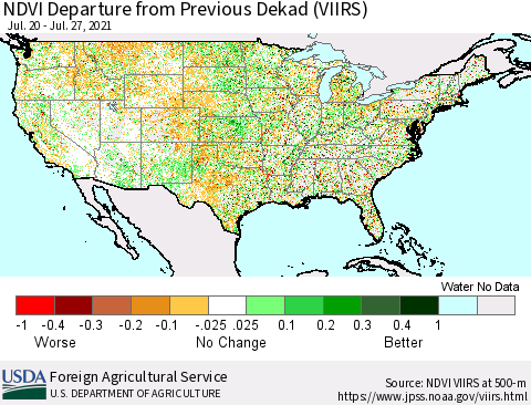 United States NDVI Departure from Previous Dekad (VIIRS) Thematic Map For 7/21/2021 - 7/31/2021