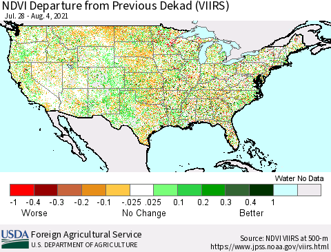 United States NDVI Departure from Previous Dekad (VIIRS) Thematic Map For 8/1/2021 - 8/10/2021