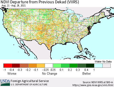 United States NDVI Departure from Previous Dekad (VIIRS) Thematic Map For 8/21/2021 - 8/31/2021