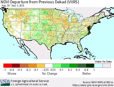 United States NDVI Departure from Previous Dekad (VIIRS) Thematic Map For 9/1/2021 - 9/10/2021