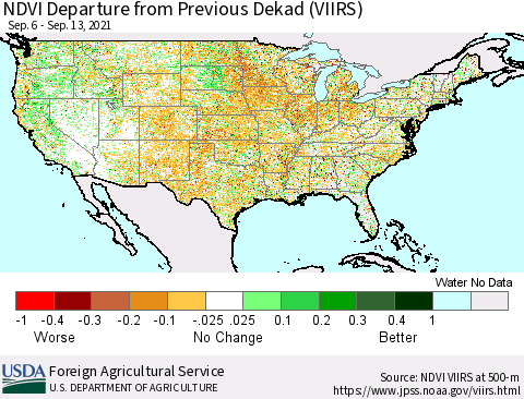United States NDVI Departure from Previous Dekad (VIIRS) Thematic Map For 9/11/2021 - 9/20/2021
