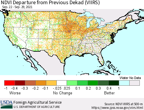 United States NDVI Departure from Previous Dekad (VIIRS) Thematic Map For 9/21/2021 - 9/30/2021