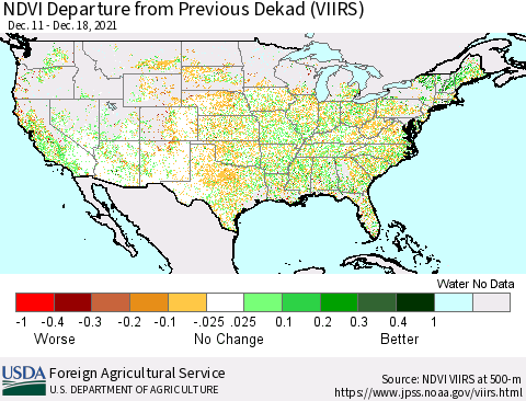 United States NDVI Departure from Previous Dekad (VIIRS) Thematic Map For 12/11/2021 - 12/20/2021