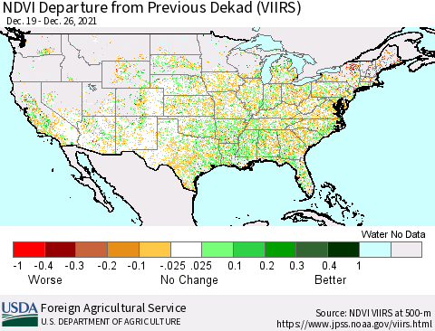 United States NDVI Departure from Previous Dekad (VIIRS) Thematic Map For 12/21/2021 - 12/31/2021