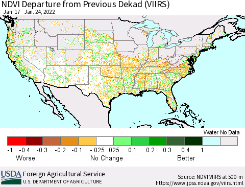 United States NDVI Departure from Previous Dekad (VIIRS) Thematic Map For 1/21/2022 - 1/31/2022