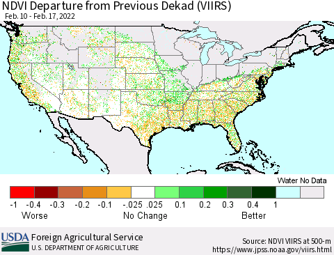 United States NDVI Departure from Previous Dekad (VIIRS) Thematic Map For 2/11/2022 - 2/20/2022