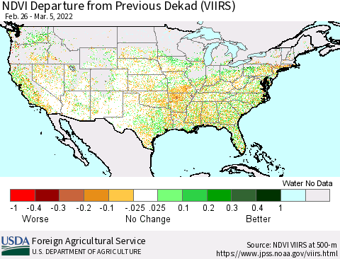 United States NDVI Departure from Previous Dekad (VIIRS) Thematic Map For 3/1/2022 - 3/10/2022