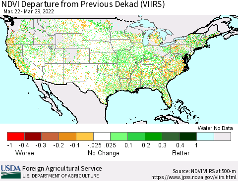 United States NDVI Departure from Previous Dekad (VIIRS) Thematic Map For 3/21/2022 - 3/31/2022
