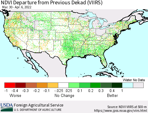 United States NDVI Departure from Previous Dekad (VIIRS) Thematic Map For 4/1/2022 - 4/10/2022