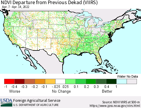 United States NDVI Departure from Previous Dekad (VIIRS) Thematic Map For 4/11/2022 - 4/20/2022