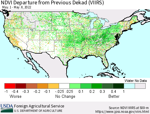 United States NDVI Departure from Previous Dekad (VIIRS) Thematic Map For 5/1/2022 - 5/10/2022
