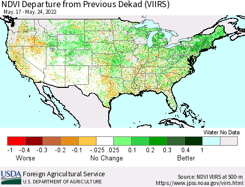 United States NDVI Departure from Previous Dekad (VIIRS) Thematic Map For 5/21/2022 - 5/31/2022