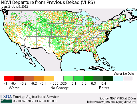United States NDVI Departure from Previous Dekad (VIIRS) Thematic Map For 6/1/2022 - 6/10/2022