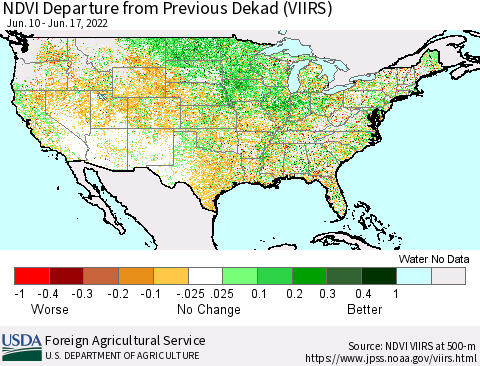 United States NDVI Departure from Previous Dekad (VIIRS) Thematic Map For 6/11/2022 - 6/20/2022