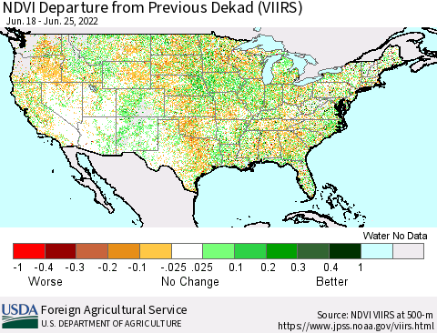 United States NDVI Departure from Previous Dekad (VIIRS) Thematic Map For 6/21/2022 - 6/30/2022