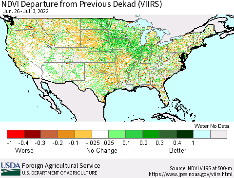 United States NDVI Departure from Previous Dekad (VIIRS) Thematic Map For 7/1/2022 - 7/10/2022