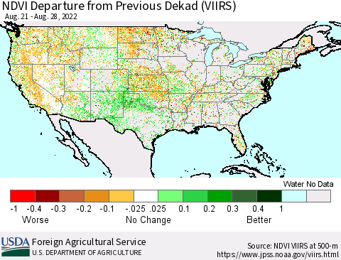 United States NDVI Departure from Previous Dekad (VIIRS) Thematic Map For 8/21/2022 - 8/31/2022