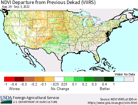 United States NDVI Departure from Previous Dekad (VIIRS) Thematic Map For 9/1/2022 - 9/10/2022