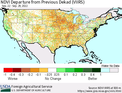 United States NDVI Departure from Previous Dekad (VIIRS) Thematic Map For 9/21/2022 - 9/30/2022