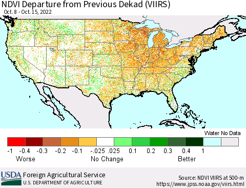 United States NDVI Departure from Previous Dekad (VIIRS) Thematic Map For 10/11/2022 - 10/20/2022