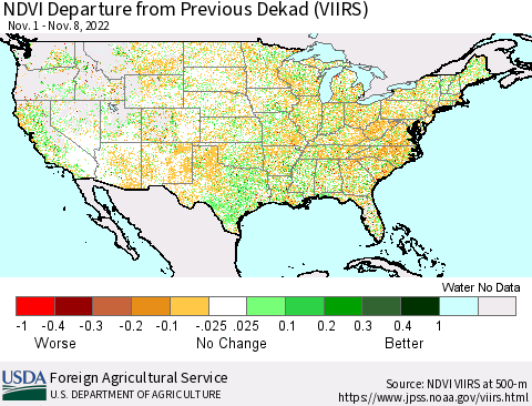 United States NDVI Departure from Previous Dekad (VIIRS) Thematic Map For 11/1/2022 - 11/10/2022