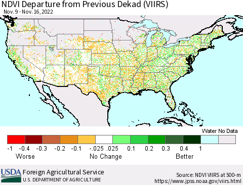 United States NDVI Departure from Previous Dekad (VIIRS) Thematic Map For 11/11/2022 - 11/20/2022