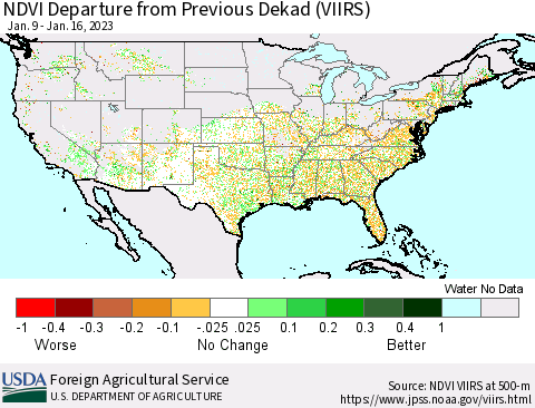 United States NDVI Departure from Previous Dekad (VIIRS) Thematic Map For 1/11/2023 - 1/20/2023